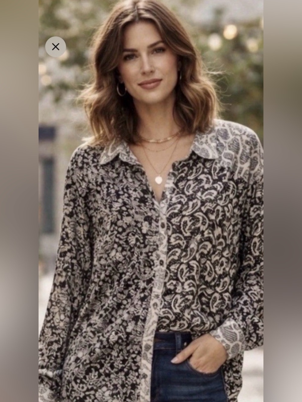Free People Black and White Paisley Button-Down Shirt